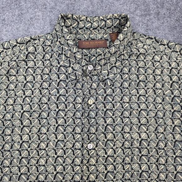 Tori Richard Shirt Mens XL Black Tan Fish Print Aloha Hawaiian Made in USA Camp - Picture 1 of 15